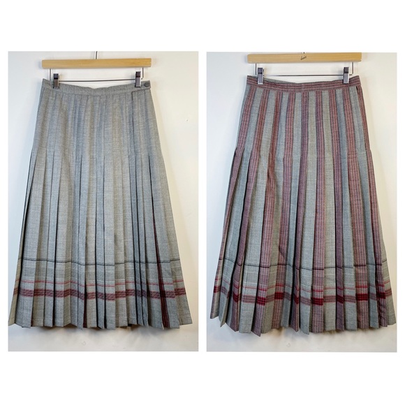 Vintage Dresses & Skirts - Vintage Wool UK Midi Pleated Plaid Striped Classic Reversible Skirt womens 27